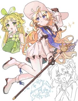 4girls arms_behind_back artist_name bare_shoulders black_gloves blonde_hair blush bow bug butterfly chibi closed_mouth dress fang full_body gloves green_dress green_eyes green_hairband hair_between_eyes hair_ornament hairband hand_on_headwear hand_to_own_mouth hat holding holding_staff insect long_hair long_sleeves looking_at_viewer multiple_girls open_mouth pantyhose phoebe_(wuthering_waves) purple_eyes shirt shorekeeper_(wuthering_waves) simple_background skirt smile sparkle staff tsu_zd twintails veil verina_(wuthering_waves) white_background white_hat white_pantyhose white_shirt white_skirt wuthering_waves x_hair_ornament youhu_(wuthering_waves)