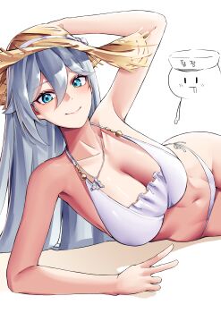 Rule 34 | 1boy, 1girl, absurdres, bikini, blue eyes, breasts, captain (honkai impact), cecilia schariac, cleavage, commentary request, drooling, hat, highres, honkai (series), honkai impact 3rd, korean commentary, large breasts, long hair, looking at viewer, lying, mouth drool, navel, on side, pyeong il, simple background, smile, stomach, straw hat, swimsuit, v, very long hair, white background, white bikini, white hair
