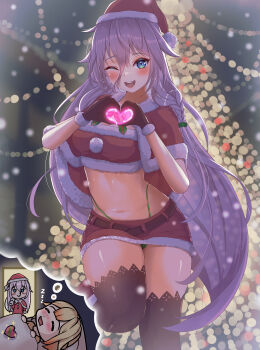 2girls ;d absurdres bandeau black_thighhighs blonde_hair blue_eyes blurry blurry_background box braid capelet cevio chibi chibi_inset christmas commentary_request dreaming fur-trimmed_bandeau fur-trimmed_capelet fur-trimmed_skirt fur_trim gift gift_box green_panties hair_flaps hat hatyomugi00 heart heart-shaped_box heart_hands highleg highleg_panties highres ia_(vocaloid) long_hair lying microskirt multiple_girls navel on_back one_(cevio) one_eye_closed open_mouth panties pink_hair red_bandeau red_capelet red_hat red_skirt santa_hat side_braid skirt sleeping smile stomach teeth thighhighs underwear upper_teeth_only very_long_hair vocaloid zettai_ryouiki zzz