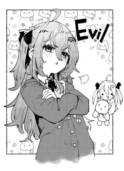 Rule 34 | 2girls, ahoge, badge, blush, border, bow, bowtie, broken heart, broken heart hair ornament, button badge, cardigan, carrying, character name, commentary, cropped torso, crossed arms, dress shirt, evil neuro-sama, from side, greyscale, hair between eyes, hair ornament, hair ribbon, heart, highres, long hair, long sleeves, monochrome, multiple girls, neuro-sama, off-shoulder cardigan, puff of air, ribbon, shirt, skull hair ornament, sugito akira, untranslatable commentary, triangle mouth, turtle, two side up, upper body, vedal987, vedal ai, white border