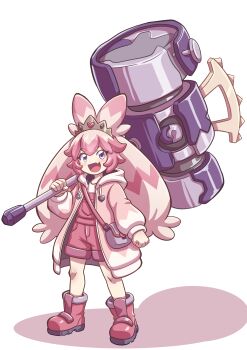 Rule 34 | 1girl, :d, absurdres, boots, clenched hand, commentary request, crown, fang, full body, hammer, highres, holding, holding hammer, long hair, nintendo, open mouth, personification, pink boots, pink hair, pink shirt, pink shorts, pokemon, purple eyes, shirt, shorts, simple background, skin fang, smile, standing, tinkaton, very long hair, yokomiya4538