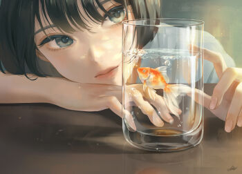 1girl absurdres air_bubble artist_name bob_cut brown_hair bubble close-up closed_mouth commentary dappled_sunlight english_commentary expressionless fingernails fish glass goldfish grey_eyes head_on_hand highres looking_at_animal original profile red_lips reflective_table short_hair signature solo sunlight table toti_(lanaq) traditional_media water wispy_bangs