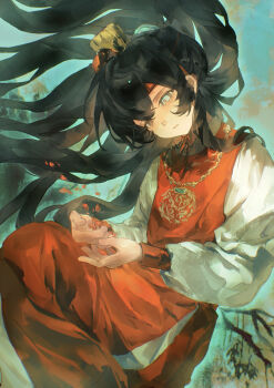 1boy absurdres black_eyes black_hair blue_eyes chinese_clothes chinese_commentary commentary_request dress floating_hair heterochromia highres hong_lu_(project_moon) invisible_chair jewelry limbus_company liningne long_hair long_sleeves male_focus necklace project_moon red_dress shirt side_slit sitting solo very_long_hair white_shirt