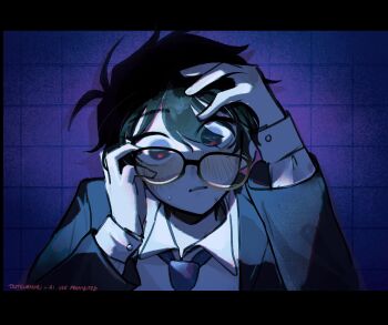 Rule 34 | 1boy, absurdres, akinashi haru, artist name, black hair, black jacket, blue eyes, blue necktie, blush, collared shirt, glasses, hair between eyes, highres, jacket, letterboxed, long sleeves, looking at viewer, male focus, necktie, open clothes, open jacket, open mouth, saihate eki, shirt, short hair, solo, suit jacket, sweat, tile wall, tiles, tosteurmori, upper body, white shirt, wide-eyed