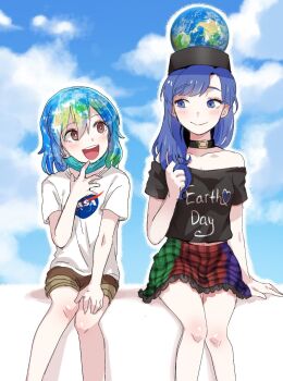 Rule 34 | 2girls, arm support, black shirt, blue eyes, blue hair, breasts, brown eyes, brown shorts, cleavage, closed mouth, clothes writing, cloud, cloudy sky, collar, collarbone, day, earth-chan, earth (ornament), earth hair, english text, eyelashes, flat chest, frilled skirt, frills, green hair, happy, hecatia lapislazuli, hecatia lapislazuli (earth), highres, himuhino, logo, mask, mask pull, medium hair, midriff, miniskirt, mouth mask, multicolored hair, multiple girls, nasa logo, navel, off-shoulder shirt, off shoulder, open mouth, original, outdoors, personification, plaid clothes, plaid skirt, planet, shirt, short hair, short sleeves, shorts, sitting, skirt, sky, small breasts, smile, surgical mask, t-shirt, teeth, touhou, twirling hair, two-tone hair, upper teeth only, white shirt
