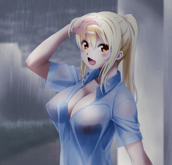 1girl absurdres asada_okina blonde_hair blush breasts brown_eyes cleavage highres looking_at_viewer love_live! love_live!_nijigasaki_high_school_idol_club miyashita_ai nipples no_bra open_mouth ponytail rain see-through_clothes shirt smile solo wet wet_clothes wet_shirt