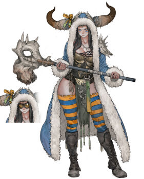1girl animal_skull armor asymmetrical_clothes bandages black_boots black_hair blue_coat blue_thighhighs bone boots bow breasts cleavage closed_mouth club_(weapon) coat collarbone contrapposto corset facepaint fake_horns forehead full_body fur-trimmed_coat fur_trim goggles grey_eyes hair_over_breasts highres holding holding_weapon hood hood_up horn_ornament horns inset jewelry large_breasts large_horns legs_apart long_hair long_sleeves looking_at_viewer multiple_rings necklace open_clothes open_coat orange_thighhighs original pelvic_curtain photoshop_(medium) polearm ring shoulder_armor simple_background smirk solo spikes standing striped_clothes striped_thighhighs tahra tassel thick_thighs thighhighs thighs torn_clothes torn_thighhighs underbust v-shaped_eyebrows weapon white_background yellow_bow