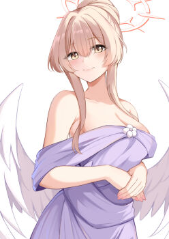 1girl alternate_costume angel_wings blue_archive breasts brown_hair cleavage commentary_request dress halo konka large_breasts long_hair looking_at_viewer nagisa_(blue_archive) off-shoulder_dress off_shoulder purple_dress red_halo simple_background smile solo white_background white_wings wings yellow_eyes