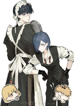 Rule 34 | 1boy, 1girl, absurdres, alternate costume, black dress, black gloves, black hair, black pants, black vest, blonde hair, blood, blue hair, commentary request, crossdressing, crossdressing (mtf), dress, enmaided, gloves, highres, holding, kaneki ken, kirishima touka, kosaka yoriko, looking at viewer, maid, multicolored hair, nagachika hideyoshi, pants, shirt, short hair, simple background, tokyo ghoul, two-tone hair, vest, vjoos, weapon, white background, white shirt