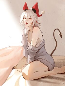 1girl absurdres alternate_costume barefoot bed black_tail breasts cardigan cleavage curled_horns demon_tail grey_cardigan grey_hair hair_between_eyes haruhachiya highres horn_cover horns long_hair looking_at_viewer medium_breasts multicolored_hair on_bed open_mouth red_eyes revision single_off_shoulder sitting solo streaked_hair tail wariza wuthering_waves yawning zani_(wuthering_waves)