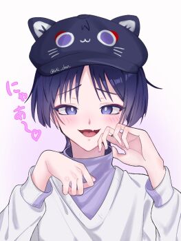 1boy animal_hat black_hat blunt_ends blush bright_pupils casual cat_hat contemporary eyeliner eyeshadow fang genshin_impact hat heart layered_shirt long_sleeves looking_at_viewer makeup male_focus minatuki_(m1natuki_i) newsboy_cap official_alternate_costume open_mouth paw_pose pink_nails portrait purple_eyes purple_hair purple_shirt red_eyeliner red_eyeshadow scaramouche_(genshin_impact) shirt skin_fang solo straight-on tongue translation_request turtleneck turtleneck_shirt twitter_username undershirt v-neck wanderer_(fairy_tale_cat)_(genshin_impact) wanderer_(genshin_impact) white_background white_pupils white_shirt white_sleeves