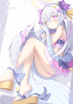 1girl absurdres angel_wings ass azusa_(blue_archive) bad_tag bed_sheet bikini blue_archive blush bow closed_mouth detached_sleeves feathered_wings feet flower frilled_bikini frills hair_flower hair_ornament halo highres legs long_hair lying official_alternate_costume on_side one_eye_closed pink_bikini pink_eyes purple_flower ribbon sandals seagateee solo swimsuit toenails toes white_hair white_wings wings