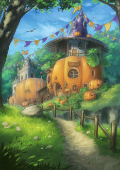 absurdres bird blue_sky chimney door fantasy fence flag flower forest garden grass halloween highres house jack-o'-lantern murakoyafactory nature no_humans original path pumpkin road rock round_window scenery shed sign simple_bird sky tower window wooden_fence