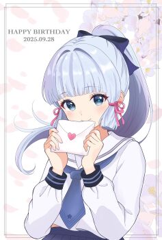 1girl ayaka_(genshin_impact) blue_eyes blue_hair blue_neckerchief blue_pupils blunt_bangs blush closed_mouth commentary_request contemporary flower genshin_impact hair_ribbon happy_birthday high_ponytail highres holding holding_letter kamisato_ayaka kamisato_ayaka_(heytea) letter long_hair looking_at_viewer love_letter mole mole_under_eye neckerchief official_alternate_costume pink_ribbon ponytail ragnk15 ribbon sailor_collar school_uniform serafuku sidelocks smile solo upper_body white_sailor_collar