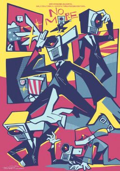 anger_vein bad_tag camcorder camera commentary_request cuffs dated flying_sweatdrops foreshortening formal_clothes full_body hand_up handcuffs high_contrast highres holding holding_handcuffs limited_palette male_focus movie_thief multiple_views no_more_eiga_dorobou object_head patlite police_siren red_background rotating_light signature suit tackled translation_request tsunzaki two-tone_background upper_body video_camera yellow_background