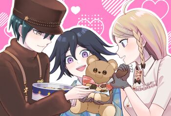Rule 34 | 1girl, 2boys, ahoge, akamatsu kaede, black gloves, black hair, blonde hair, blush, braid, braided bangs, brown eyes, buttons, commentary, cookie, danganronpa (series), danganronpa v3: killing harmony, eyelashes, flipped hair, food, fortissimo, gloves, hair between eyes, hair ornament, happy, heart, height difference, holding, holding cookie, holding food, holding stuffed toy, jacket, long hair, long sleeves, moi (arararcrc), multiple boys, musical note, musical note hair ornament, official alternate costume, oma kokichi, open mouth, outline, profile, purple eyes, purple hair, ringed eyes, saihara shuichi, short hair, smile, stuffed animal, stuffed toy, teddy bear, tin (container), valentine, white outline