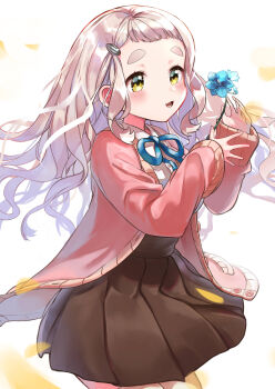 1girl absurdres cardigan collared_shirt commentary_request falling_petals flower hair_ornament hairclip hands_up high-waist_skirt highres holding holding_flower jyakku long_hair long_sleeves machita_chima machita_chima_(1st_costume) neck_ribbon nijisanji open_cardigan open_clothes open_mouth petals pleated_skirt ribbon shirt short_bangs skirt sleeves_past_wrists smile solo thick_eyebrows virtual_youtuber white_hair yellow_eyes