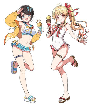 2girls ahoge bare_shoulders beamed_eighth_notes bikini bikini_under_clothes black_hair blonde_hair blue_eyes blush bow breasts brown_eyes brown_jacket brown_sailor_collar brown_sandals commentary drawstring eighth_note feet food fortissimo frilled_one-piece_swimsuit frills grin hair_bow hair_ornament holding holding_food hololive hololive_dev_is hood hood_down hooded_jacket ice_cream jacket long_hair mauve medium_breasts multiple_girls multiple_scoops musical_note musical_note_hair_ornament off_shoulder one-piece_swimsuit oozora_subaru open_clothes open_jacket otonose_kanade ponytail sailor_collar sandals short_hair simple_background sketch smile standing standing_on_one_leg striped_bow swimsuit thigh_strap toes untranslatable_commentary v-shaped_eyebrows very_long_hair virtual_youtuber white_background white_bikini white_one-piece_swimsuit white_sandals wrist_cuffs