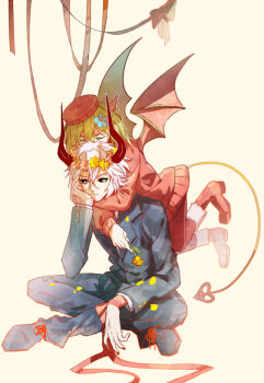 1boy 1girl black_suit commentary_request demon_girl demon_tail demon_wings flower formal_clothes funamusea grey_hair haiiro_teien head_wreath horns kcalb_(funamusea) looking_at_viewer majiang red_sweater short_hair single_horn sitting suit sweater tail white_hair wings yosafire_(funamusea)