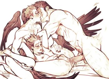 3boys anal blush boku_no_hero_academia chest_hair clone_harem endeavor_(boku_no_hero_academia) french_kiss group_sex hairy hawks_(boku_no_hero_academia) highres kiss leg_hair legs_up lying male_focus male_penetrated mmm_threesome monochrome multiple_boys navel_hair nipple_bar nipple_piercing on_back piercing pubic_hair short_hair spacenipnops testicles threesome wings yaoi