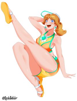 1girl absurdres arm_behind_head artist_name baseball_cap blue_eyes brown_hair collarbone commentary crop_top earrings eyelashes flower_earrings full_body hat highres jewelry kyocallscats looking_at_viewer mario_(series) midriff nintendo open_mouth orange_shorts orange_tank_top princess_daisy sandals shoe_soles short_shorts shorts solo tank_top teeth thighs upper_teeth_only