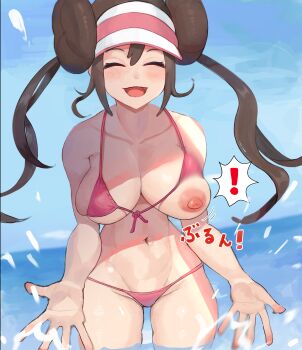 ! 1girl ^_^ absurdres bare_shoulders bikini blue_sky blush breast_slip breasts brown_hair closed_eyes collarbone commentary_request day donut_hair_bun double_bun front-tie_bikini_top front-tie_top gatchan hair_bun hat highres large_breasts long_hair motion_blur navel nintendo nipples one_breast_out open_mouth outdoors pink_bikini pink_hat pokemon pokemon_bw2 rosa_(pokemon) skindentation sky smile solo splashing spoken_exclamation_mark stomach swimsuit thighs translation_request twintails two-tone_hat visor_cap wardrobe_malfunction water white_hat