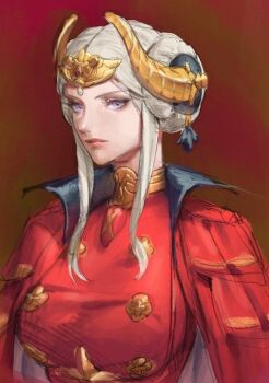 Rule 34 | 1girl, breasts, cape, closed mouth, double bun, dress, edelgard von hresvelg, edelgard von hresvelg (timeskip), fake horns, fire emblem, fire emblem: three houses, hair bun, horns, large breasts, looking at viewer, nintendo, portrait, purple eyes, red cape, red dress, serious, solo, tsu nem, white hair