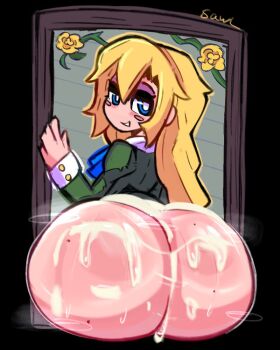 1girl ascot ass ass_focus ass_freckles black_background blonde_hair blue_ascot blue_eyes blush_stickers body_freckles bright_pupils buttons cum cum_on_ass cum_on_body dress flower freckles from_behind green_dress huge_ass ib_(kouri) long_hair looking_at_viewer looking_back mary_(ib) picture_frame sawl signature simple_background smug solo steam sweat teeth white_pupils yellow_flower