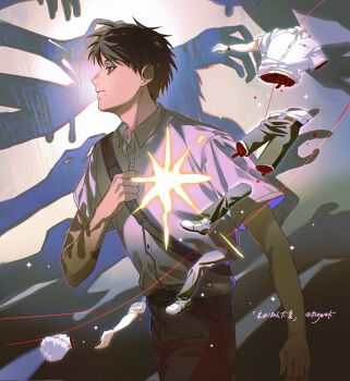 2boys belt black_belt black_hair buttons collared_shirt commentary_request crossbody_bag decapitation dismemberment grey_eyes highres hikaru_ga_shinda_natsu indou_hikaru kaeru_(qingwali) male_focus mole mole_on_cheek mole_under_mouth multiple_boys multiple_moles scar scar_on_arm severed_head shirt shirt_tucked_in short_hair translation_request tsujinaka_yoshiki watch white_hair white_shirt wristwatch