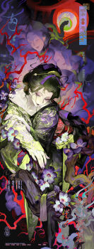 Rule 34 | 1girl, animal, asa moi, black hair, bow, branch, closed mouth, collarbone, eyeball, eyelashes, eyeshadow, fingernails, floral print, flower, hair bow, hair ornament, hair stick, highres, japanese clothes, kimono, lips, looking at viewer, makeup, nail polish, original, pale skin, purple bow, purple eyes, purple flower, purple nails, smile, snake, solo, two-tone kimono