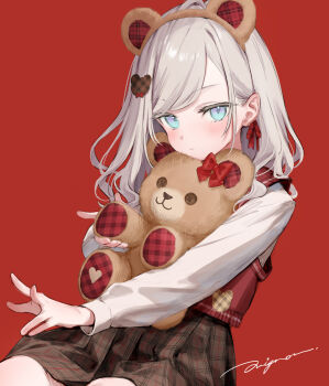 1girl :t animal_ear_hairband animal_ears aqua_eyes bear_ear_hairband bear_ears blue_eyes blush brown_skirt ceras_yanagida_lilienfeld closed_mouth commentary_request fake_animal_ears grey_hair hair_ornament hair_ribbon hairband hairclip highres holding holding_stuffed_toy hugging_doll hugging_object jellyfish_cut link!_like!_love_live! long_hair long_sleeves looking_at_viewer love_live! mignon plaid_clothes plaid_skirt pleated_skirt pout red_vest ribbon shirt sitting skirt solo stuffed_animal stuffed_toy teddy_bear vest virtual_youtuber white_shirt
