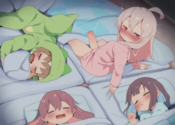 1futa 3girls ahoge blue_hair blush brown_hair closed_eyes colored_inner_hair dagasi drooling futanari futon highres hozuki_momiji loli lying multicolored_hair multiple_girls murosaki_miyo oka_asahi on_side onii-chan_wa_oshimai! oyama_mahiro pajamas penis pillow pink_hair sleeping two-tone_hair