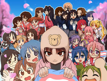 6+girls :3 :p absurdres aioi_yuuko akiyama_mio animal_ears azumanga_daiou black_hair blonde_hair blue_eyes blue_hair blue_sky bocchi_the_rock! brown_eyes brown_hair cat cat_ears cherry_blossoms closed_eyes crossover day flag gotoh_hitori grey_eyes hat highres hiiragi_kagami hiiragi_tsukasa holding holding_flag ijichi_nijika iwakura_lain izumi_konata k-on! kagura_(azumanga_daioh) kasuga_ayumu kita_ikuyo koiwai_yotsuba kotobuki_tsumugi lgbt_pride long_hair looking_at_viewer lucky_star mihama_chiyo minakami_mai mizuhara_koyomi multiple_girls naganohara_mio nakano_azusa nichijou open_mouth orange_hair outdoors phenomenoms pink_hair professor_shinonome purple_eyes purple_hair round_eyewear sakaki_(azumanga_daioh) sakamoto_(nichijou) serial_experiments_lain shinonome_nano short_hair sky smile tainaka_ritsu takara_miyuki takino_tomo tongue tongue_out transgender_flag transgender_flag_print tumblr_username yamada_ryo yellow_eyes yotsubato!