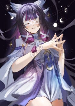 1girl angel_wings bare_shoulders blunt_bangs blush closed_eyes columbina_(genshin_impact) commentary_request crescent crescent_moon detached_collar detached_sleeves dress feathered_wings floating_hair genshin_impact gradient_hair hair_down hair_floating_upwards hair_ribbon head_wings highres leaning_to_the_side long_hair moon moon_phases multicolored_hair night night_sky outdoors own_hands_together parted_lips pink_lips purple_hair ria_0261 ribbon shade short_sleeves sky solo standing star_(sky) starry_sky streaked_hair teeth thighs upper_body white_wings wide_sleeves wings