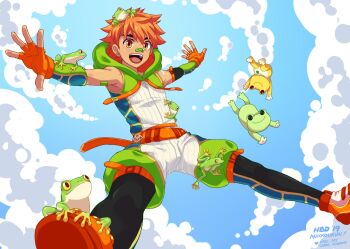 1boy animal belt black_leggings blue_sky borrowed_character cloud detached_sleeves fingerless_gloves frog from_below gloves green_hoodie happy_birthday highres hood hoodie leggings looking_at_viewer male_focus open_mouth orange_belt orange_eyes orange_gloves orange_hair orange_shoes original outstretched_arms shoes sky sleeveless sleeveless_hoodie smile solo spread_arms spread_eagle_position spread_legs stuffed_animal stuffed_toy teeth tongue upper_teeth_only zamius