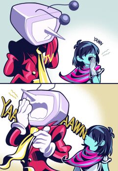 1boy 1other ant_tenna armor arms_behind_back belt_buckle blue_hair blue_skin buckle colored_skin crt deltarune gloves highres kris_(dark_world)_(deltarune) kris_(deltarune) long_nose necktie object_head open_mouth pointy_nose radio_antenna tailcoat teeth two-tone_cape utdr_(toby_fox) vn35214 white_gloves yawning yellow_necktie