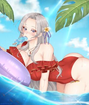 1girl absurdres alternate_breast_size_(smaller) ass bare_shoulders bent_over blush breasts cleavage cloud cryptid_crab eating edelgard_von_hresvelg edelgard_von_hresvelg_(summer) fire_emblem fire_emblem:_three_houses fire_emblem_heroes flower food frilled_one-piece_swimsuit frills gold_trim hair_flower hair_ornament highres ice_cream large_breasts leaf nintendo ocean official_alternate_costume one-piece_swimsuit popsicle purple_eyes red_one-piece_swimsuit sky swimsuit wet
