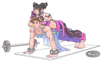 2girls absurdres barbell biceps black_hair brown_hair capcom chun-li drill_hair exercising hair_horns han_juri hand_on_another's_shoulder highres lais_leite lying_on_person multicolored_hair multiple_girls muscular muscular_female push-ups sleeveless streaked_hair street_fighter street_fighter_6 sweat twin_drills yuri
