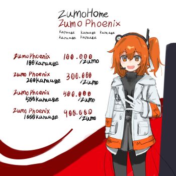 1girl :d a.i._voice adachi_rei black_pantyhose black_skirt black_sweater headphones headset highres indihome_paket_phoenix/streamix_(meme) jacket meme open_clothes open_jacket open_mouth orange_hair pantyhose parody parodysenyou romaji_text shocker_(gesture) side_ponytail skirt smile solo sweater turtleneck turtleneck_sweater utau white_jacket