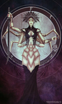 Rule 34 | 1girl, aredheelmahariel, arthropod girl, arthropod limbs, artist name, black background, black dress, black shirt, card (medium), circle, commentary, crop top, dress, english commentary, exoskeleton, extra arms, extra eyes, facing viewer, fingernails, gradient background, highres, holding, holding skull, holding sword, holding weapon, insect girl, katana, long fingernails, mephala, no pupils, purple background, red eyes, shirt, silk, skull, spider girl, spider web, sword, tarot, tarot (medium), the ebony blade (katana), the elder scrolls, watermark, weapon, web address, white background