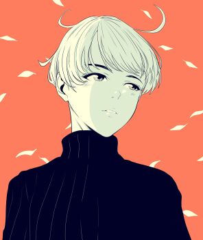 1other androgynous commentary falling_leaves highres leaf lee_(dragon_garou) limited_palette looking_to_the_side orange_hair original other_focus ribbed_sweater short_hair solo sweater symbol-only_commentary turtleneck turtleneck_sweater