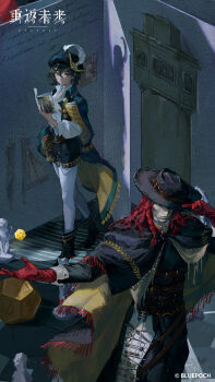 1boy 1girl absurdres adjusting_clothes adjusting_headwear aleph_(reverse:1999) black_boots black_cape black_hat black_jacket black_pants black_shorts black_vest book boots brown_hair cape closed_mouth copyright_name copyright_notice covered_face dice gloves green_cape green_eyes green_hat hand_on_headwear hand_up hat hat_feather hat_over_eyes highres holding holding_notebook jacket logo long_hair merlin_(reverse:1999) miniature newsboy_cap notebook official_art official_wallpaper open_clothes open_vest outstretched_arm pants pantyhose polyhedral_dice recoleta_(reverse:1999) red_gloves red_hair reverse:1999 shadow shirt short_hair short_shorts shorts side_cape vest white_mask white_pantyhose white_shirt