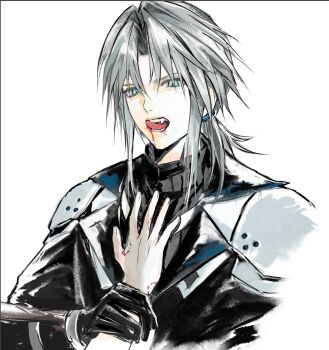 1boy 3_3lecho alternate_hair_length alternate_hairstyle aqua_eyes arm_armor armor bite_mark bite_mark_on_hand black_coat black_gloves black_sweater blood blood_on_mouth chinese_commentary coat commentary_request fang final_fantasy final_fantasy_vii final_fantasy_vii:_ever_crisis gloves grabbing_another's_arm grey_hair hand_up highres licking_lips long_hair low_ponytail male_focus parted_bangs pauldrons ponytail pov pov_hands sephiroth sephiroth_(ever_crisis) shoulder_armor slit_pupils solo_focus sweater tongue tongue_out turtleneck turtleneck_sweater white_background