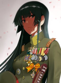 1girl absurdres breasts closed_mouth commentary_request emblem expressionless garrison_cap green_eyes green_hair hat highres jacket long_hair long_sleeves looking_at_viewer lvi medal military military_jacket military_uniform mole mole_under_mouth original scabbard sheath simple_background solo unworn_hat unworn_headwear