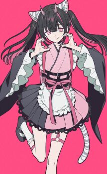 Rule 34 | 1boy, animal ears, black shoes, cho kaguya-hime!, crossdressing, crossdressing (mtf), dress, frilled socks, frills, hashtag-only commentary, highres, horns, japanese clothes, komazawa noi, long sleeves, looking at viewer, m4k3inu, male focus, multicolored hair, pink background, pink eyes, pink ribbon, ribbon, shoes, socks, solo, streaked hair, tail, thigh strap, tongue, tongue out, trap, twintails, white socks