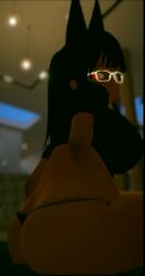1girl 3d animal_ears animated anubis anubis_(mythology) ass ass_shake black_hair bouncing bouncing_ass bouncing_breasts breasts dark-skinned_female dark_skin glasses hands_on_own_chest jackal_ears large_breasts long_hair looking_back ponytail red_eyes short_sleeves sitting stubbystubby tagme thick_thighs thighs thong video vrchat