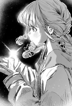 Rule 34 | 1girl, absurdres, ben-day dots, braid, commentary request, cupping hands, from side, fujita kotone, gakuen idolmaster, greyscale, hair ribbon, highres, idolmaster, long sleeves, mitsuba tsuyu, monochrome, own hands together, profile, ribbon, screentones, solo, twin braids, upper body