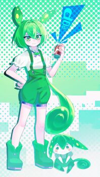 1girl :3 absurdres blush can commentary double-parted_bangs drink_can english_text green_background green_eyes green_shoes green_suspenders hand_on_own_hip highres holding holding_can looking_at_viewer multicolored_eyes puffy_short_sleeves puffy_sleeves shirt shoes short_sleeves simple_background soda_can sound_effects suspenders voicevox white_background yatovar yellow_eyes zundamon zundamon_(utau)