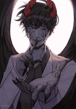 Rule 34 | 1boy, :d, backlighting, black hair, black shirt, black wings, coat, collared shirt, colored extremities, colored veins, demon horns, feathered wings, finger to mouth, fingernails, grin, hair between eyes, hand up, highres, horns, kim dokja, kobrafangs, long fingernails, looking at viewer, male focus, official alternate costume, omniscient reader's viewpoint, open clothes, open coat, open mouth, outstretched hand, red eyes, shirt, short hair, shushing, smile, solo, upper body, white coat, wings