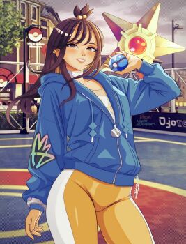 1girl black_hair blue_hoodie commentary cube_hair_ornament dive_ball earclip english_commentary gen_1_pokemon hair_ornament highres holding holding_poke_ball hood hood_down hoodie leggings lida_(pokemon) light_smile long_hair long_sleeves looking_at_viewer lumiose_city midniteblueart nintendo orange_leggings parted_lips poke_ball pokemon pokemon_(creature) pokemon_legends:_z-a signature staryu teeth tennis_court topknot two-tone_legwear white_leggings wispy_bangs